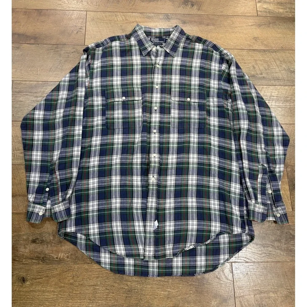 Vintage 90s‎ Polo Ralph Lauren Plaid Flannel Button Up Shirt XL Blue Green